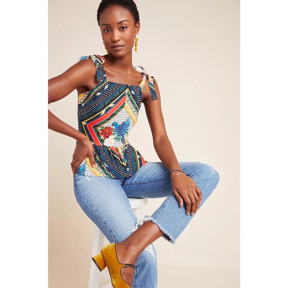 Anthropologie Farm Rio Carmen Peplum Blouse XS Parrot Bird Tropical